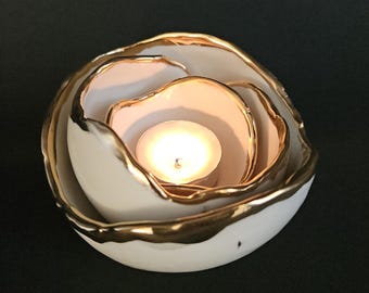 Kintsugi-Inspired Ceramic Candle Holder Set – Handmade White & Gold Rim