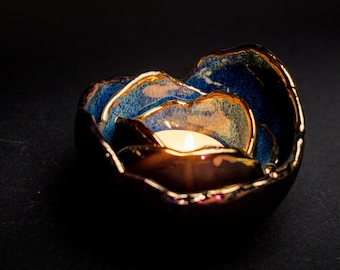 Handmade Ceramic Tealight Holder – Black & Gold Kintsugi, Set of 3