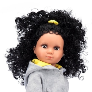 Daisymae - 15" (38cm) Mixed Race/Biracial/Ethnic/Light Brown Doll with Black curly Hair - wearing Grey and Yellow Jogger Suit