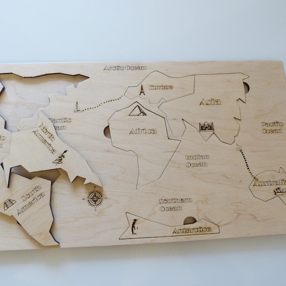 Wooden World Map Continents and Ocean Wooden Personalized Puzzle Baby Gift Montessori Educational Toys Baby Shower Toddlers Girls and Boys Natural Eco Wood Sensory Board Nursery Decor Unique Plaything