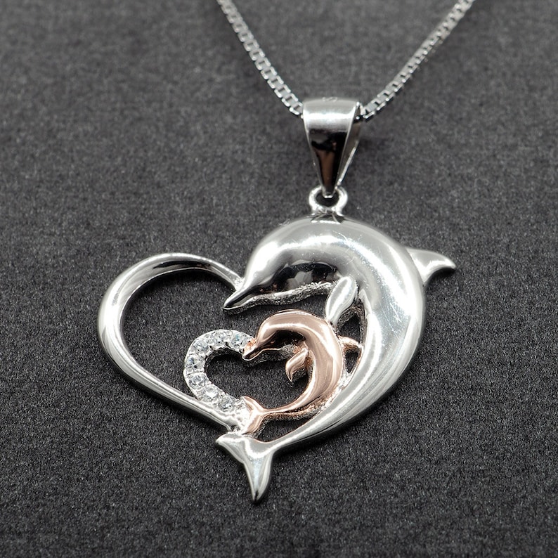 Pure 925 Silver and Rose Gold Dolphin and Calf Heart Necklace