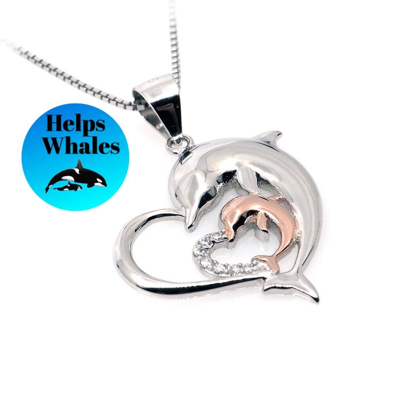 Pure 925 Silver and Rose Gold Dolphin and Calf Heart Necklace