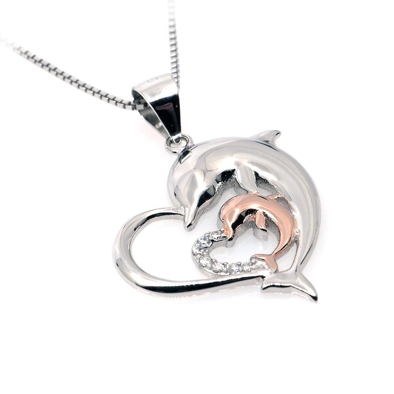 Pure 925 Silver and Rose Gold Dolphin and Calf Heart Necklace