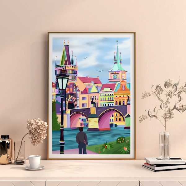 Impression du pont Charles de Prague, tour du pont de la vieille ville, rivière Vltava, château de Prague, art tchèque, affiche de Prague, Praha, Prague Art Print