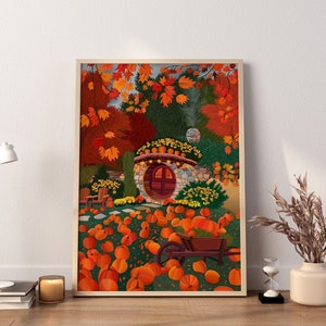 May include: A whimsical illustration of a stone cottage with a round door surrounded by pumpkins and autumn leaves. The cottage is nestled in a forest setting with a wheelbarrow filled with pumpkins in the foreground.