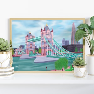 London Tower Bridge Print, Tower Bridge Art, London Home Décor, UK Art, Travel Illustration Print, Pink Illustration Art, London Bridge