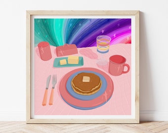 Breakfast Of Dreams Print, Unique Still Life Print, Pancakes Print, Breakfast Wall Art, Kitchen Home Décor, Rainbow Art Print, Food Print,