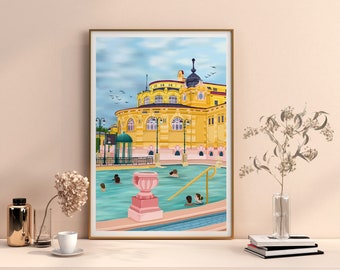 Budapest Szechenyi Thermal Baths, Budapest Art, Hungary Travel Poster, Szechenyi Print, Budapest Home Décor, Travel Illustration Print