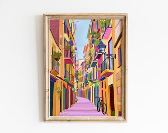 May include: A colorful illustration of a narrow street in a European city. The buildings are tall and have balconies with plants and flowers. The street is paved with pink tiles and there is a bicycle parked on the side.
