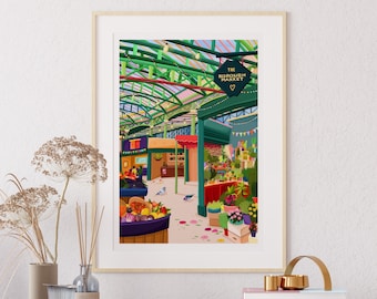 London Borough Market Print, Southwalk Art, London Food Market, UK Travel Illustration Print, London Shopping, London Bridge