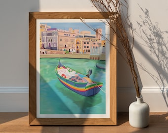 Malta Illustration Print, Colorful Luzzu Boat, Spinola Bay Art