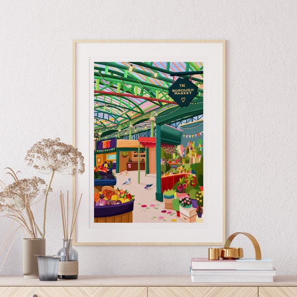 London Borough Market Print, Southwalk Art, London Food Market, UK Travel Illustration Print, London Shopping, London Bridge