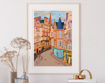 May include: A colourful illustration of a narrow street in a European city with tall buildings, a bicycle, and flowers. The buildings are painted in shades of pink, yellow, blue, and green. The street is paved with cobblestones and there are flowers in pots on the balconies of the buildings.