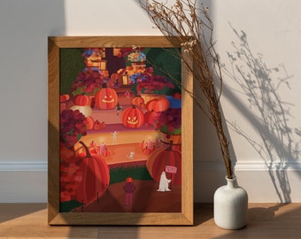 Autumnal Halloween Party Print, Halloween Art, Fall Art, Autumn Print, Halloween Home Décor, Halloween Steps Illustration Print