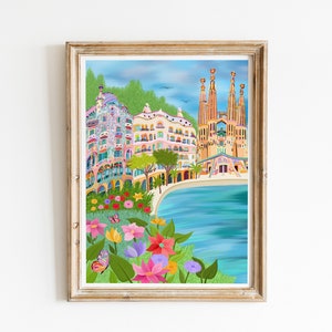 Barcelona Print, Casa Batllo, Sagrada Familia, Casa Mila, Gaudi Art, Barcelona City Poster, Park Guell Art, Barcelona Beach With Border