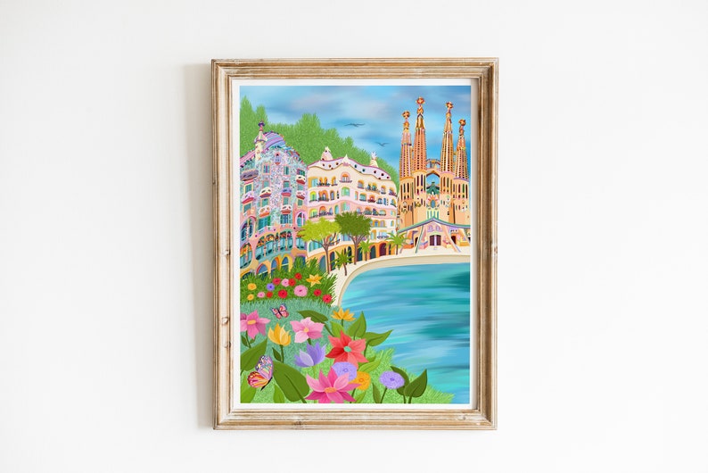 Barcelona Print, Casa Batllo, Sagrada Familia, Casa Mila, Gaudi Art, Barcelona City Poster, Park Guell Art, Barcelona Beach With Border