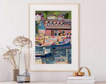 Lámina artística del puerto pesquero de Mevagissey, ilustración costera de Cornualles, obra de arte de Cornualles.