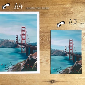 May include: A digital illustration of the Golden Gate Bridge in San Francisco, California. The bridge is red and has a blue sky and water in the background.