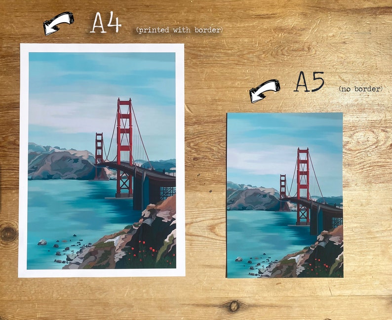 May include: A digital illustration of the Golden Gate Bridge in San Francisco, California. The bridge is red and has a blue sky and water in the background.