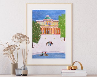 Christmas in Cheltenham Print, Pittville Pump Rooms, Cotswolds Christmas Gift, Pittville Park,  Christmas Illustration Print