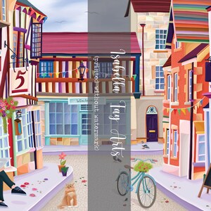 May include: An illustration of a European street scene with colorful buildings, a bicycle, and a cat. A person sits reading a newspaper. The artwork features the text "Isabella Fay Arts" printed without a watermark.