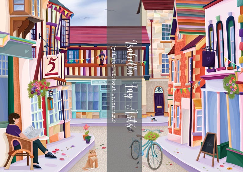 May include: An illustration of a European street scene with colorful buildings, a bicycle, and a cat. A person sits reading a newspaper. The artwork features the text "Isabella Fay Arts" printed without a watermark.