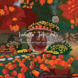 May include: A whimsical illustration of a stone cottage with a round door surrounded by pumpkins and autumn foliage. The text "Isabella Tay Arts (printed without watermark)" is visible in the image.