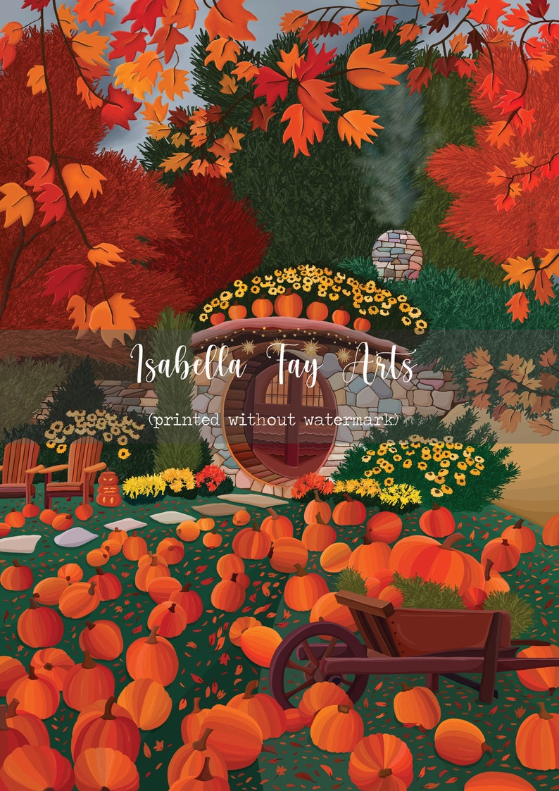 May include: A whimsical illustration of a stone cottage with a round door surrounded by pumpkins and autumn foliage. The text "Isabella Tay Arts (printed without watermark)" is visible in the image.