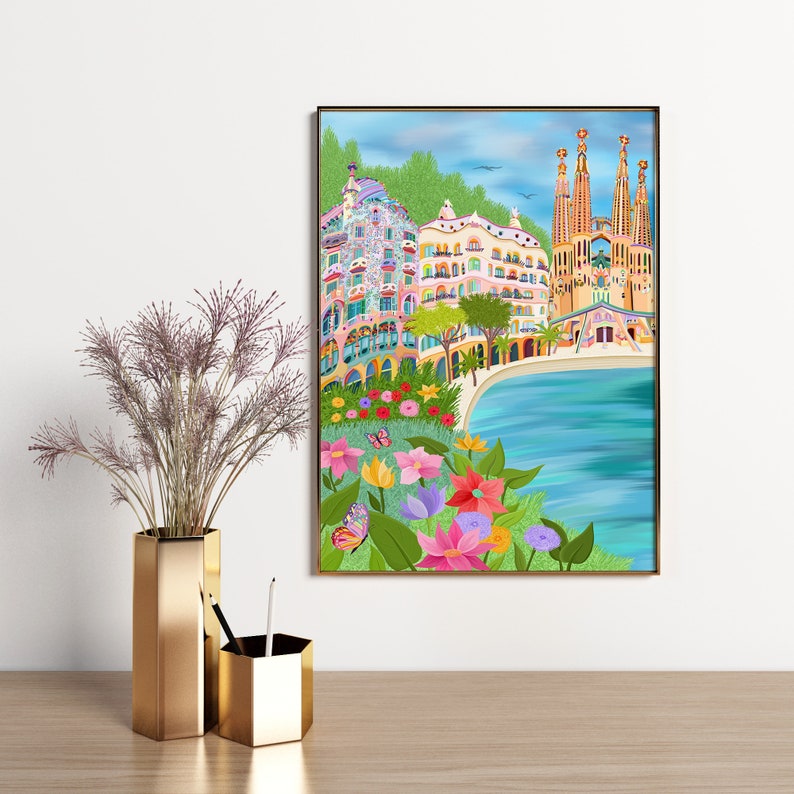 Barcelona Print, Casa Batllo, Sagrada Familia, Casa Mila, Gaudi Art, Barcelona City Poster, Park Guell Art, Barcelona Beach image 5