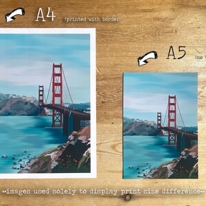 Puede incluir: Dos im&aacute;genes que muestran la diferencia de tama&ntilde;o entre una impresi&oacute;n A4 con borde y una impresi&oacute;n A5 sin borde. Ambas im&aacute;genes presentan una ilustraci&oacute;n colorida del Puente Golden Gate en San Francisco.