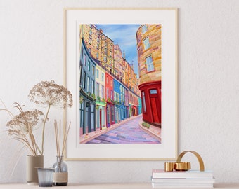 May include: A colourful painting of a narrow street in Edinburgh, Scotland. The buildings are brightly coloured and have a variety of architectural styles. The street is cobbled and there are people walking on it.