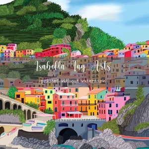 May include: A colourful illustration of a seaside town with buildings built into a hillside. The town is painted in shades of pink, yellow, blue, green, and red. The buildings are clustered together and have white windows and doors. The town is located on a rocky coastline with a small beach in the foreground. The sky is blue with white clouds.