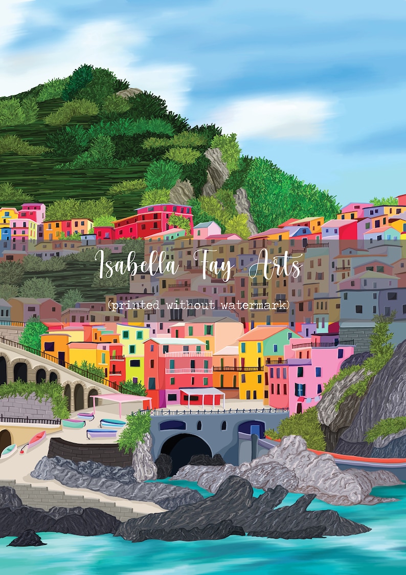 May include: A colourful illustration of a seaside town with buildings built into a hillside. The town is painted in shades of pink, yellow, blue, green, and red. The buildings are clustered together and have white windows and doors. The town is located on a rocky coastline with a small beach in the foreground. The sky is blue with white clouds.