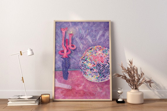 The 'Ants Afterparty', Disco Ball Art Print, Still Life Art, Disco Illustration, Pink Wall Décor, Eclectic Wall Art, Unique Pink Art