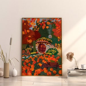 May include: A painting depicting a stone house with a red door, surrounded by autumn foliage and pumpkins. The house has a stone roof and a small window on the side. The pumpkins are scattered around the house, with some in a wheelbarrow.