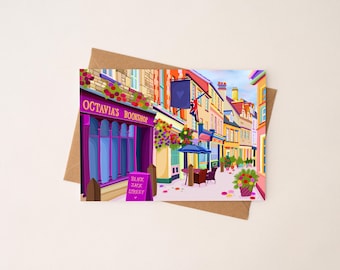 Tarjeta A6 de Black Jack Street en Cirencester, Arte de los Cotswolds, Cartulina reciclada, Librería Octavias