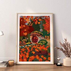 May include: A stone cottage with a round door surrounded by autumn foliage and a field of pumpkins. The cottage has a red door and a stone chimney. The pumpkins are orange and scattered across the ground.