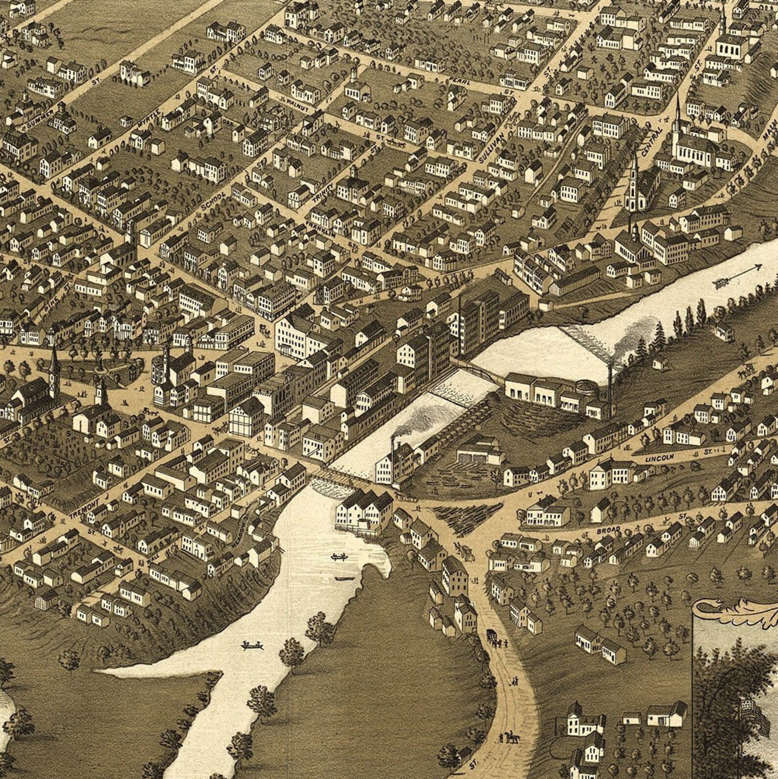 Claremont Old Map High Detailed Birds Eye View Stylish Wall Etsy