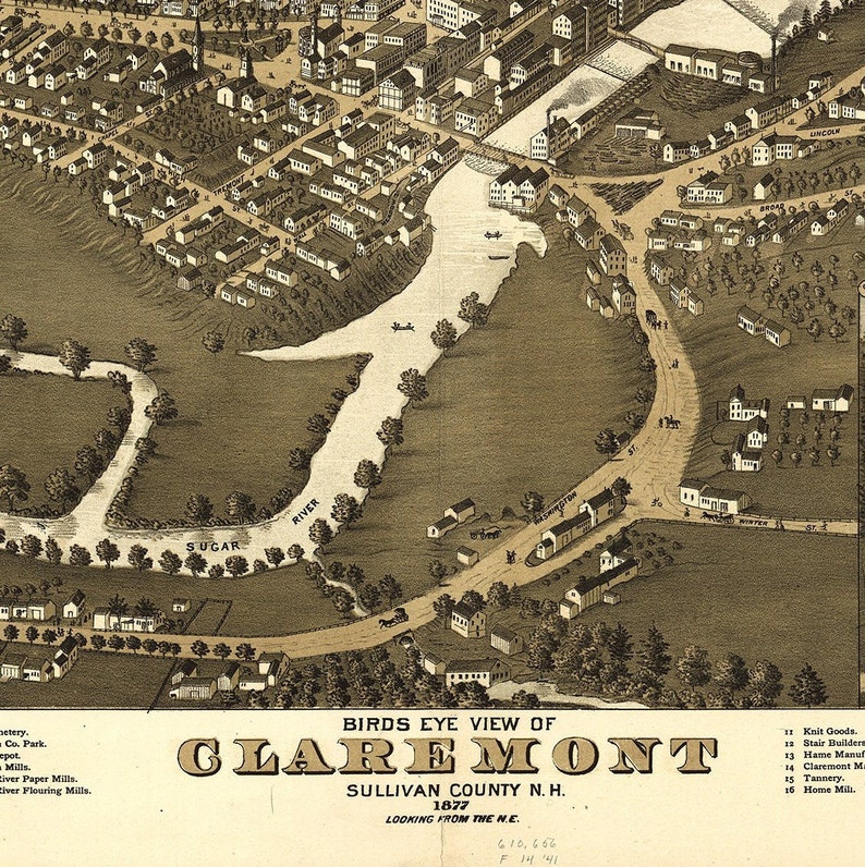 Claremont Old Map High Detailed Birds Eye View Stylish Wall Etsy