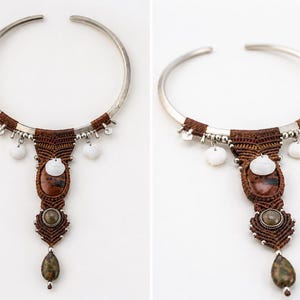 Silver torque in micro macrame, shells and stone