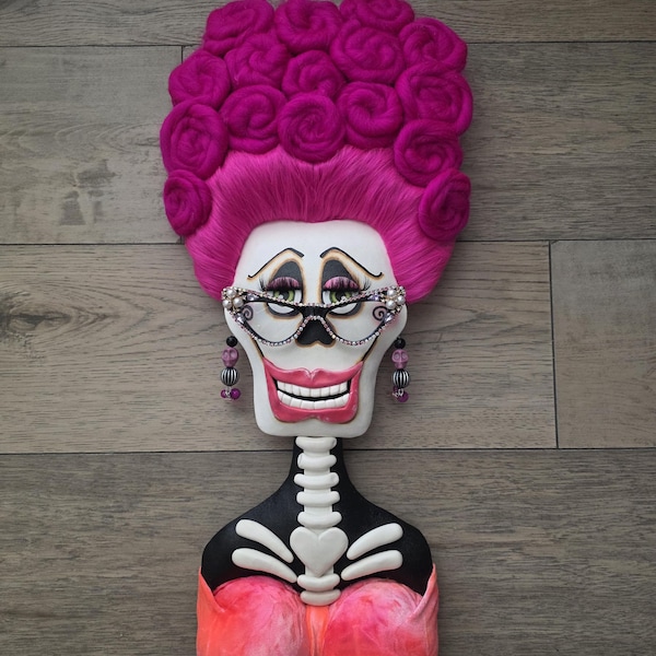 Busty Barbara Bones Skeleton Halloween Decor: Rhinestone Glasses, Pink Hair
