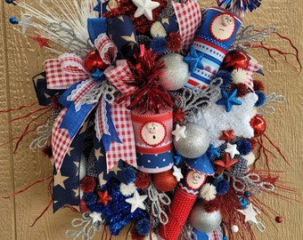 Patriotic wreath USA Independence Day decor Front door firecrackers whimsical Indoor Outdoor 4th of July Celebrate door hanger