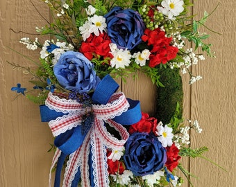 Independence day, Patriotic wreath, USA, Patriotic moss wreath, Indoor, Outdoor, Front door, 4th of July wreath, Memorial day