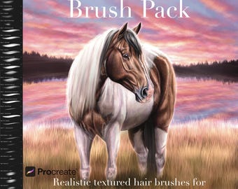 Könnte beinhalten: Digitales Kunstpinsel-Paket für Procreate. Das Bild zeigt ein gemaltes Pferd mit braunen und weißen Markierungen, das in einem Feld steht. Der Text lautet "33 Textured Hair Brush Pack" und "Realistic textured hair brushes for Procreate".