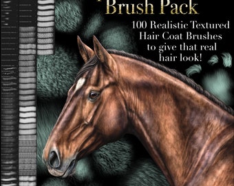 Könnte beinhalten: Ein braunes Pferd mit einem weißen Stern auf der Stirn, das nach links schaut. Das Pferd ist von einem Hintergrund aus grün- und blaufarbigen, pelzigen Texturen umgeben. Der Text "Equine Hair Coat Brush Pack" befindet sich oben im Bild, darunter der Text "100 Realistic Textured Hair Coat Brushes to give that real hair look!"