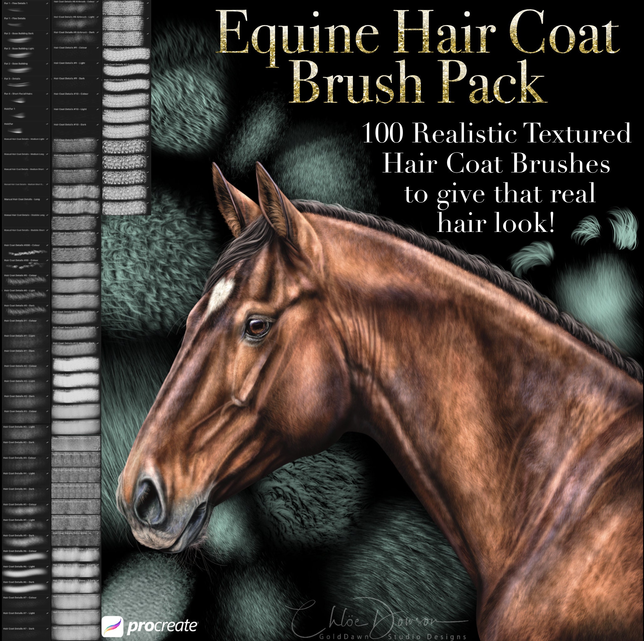 100 Realistic Equine Hair Coat Detailing Brushes for Procreate | Highlights, Shadows, Texture