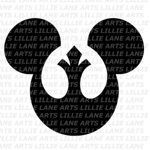 May include: A black and white graphic design featuring a stylized Mickey Mouse head combined with a symbol. The design is a silhouette, with the Mickey Mouse ears and face in black and the symbol in white.