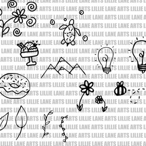 Puede incluir: Un conjunto de ilustraciones dibujadas a mano en blanco y negro que representan varios objetos, entre ellos una dona, una flor, una abeja, una bombilla, una tortuga, una cordillera, una bola de helado y hojas.