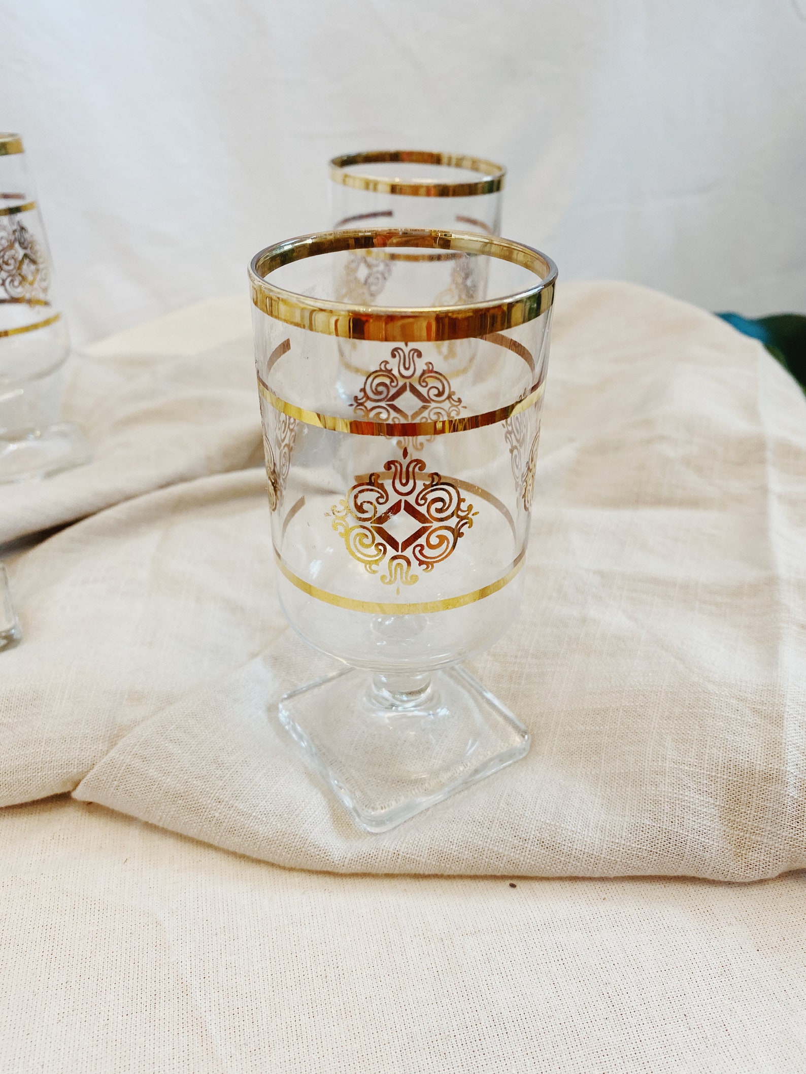 Vintage square bottom glassware set | Etsy
