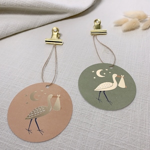 Geschenkanhänger Geburt Storch 2-Set gold, rund